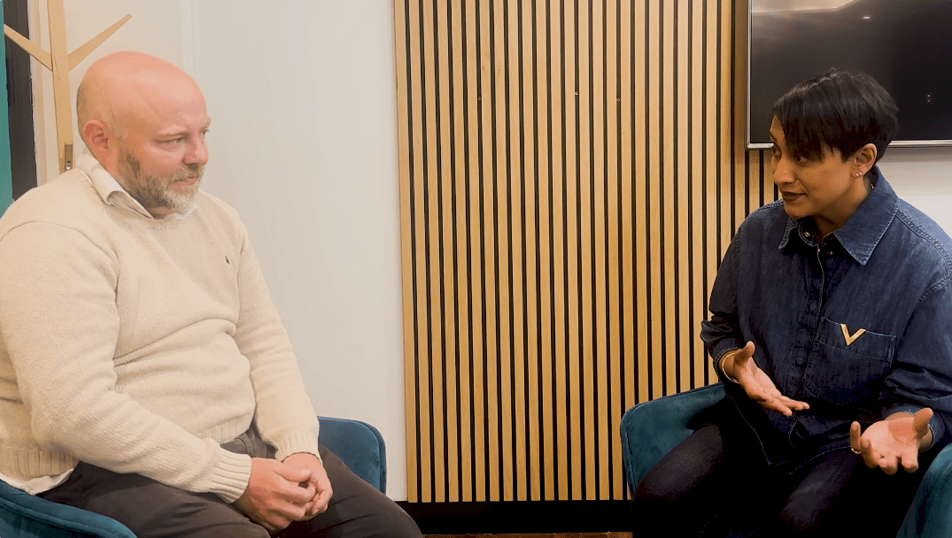 Amanda Rajkumar speaking with James Ballard in podcast series.