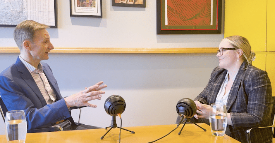 Roger Minton and Hope Milne in the Annapurna boardroom recording a podcast